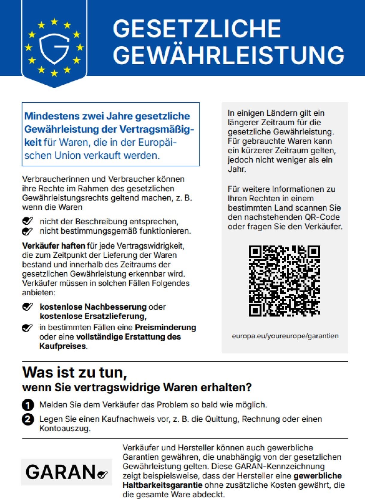 Informationen zu den gesetzlichen Gewährleistungsansprüchen